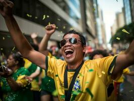 brasileño hombre celebra su fútbol equipos victoria ai generativo foto