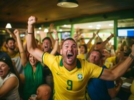 brasileño hombre celebra su fútbol equipos victoria ai generativo foto