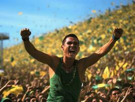 brasileño hombre celebra su fútbol equipos victoria ai generativo foto