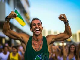 brasileño hombre celebra su fútbol equipos victoria ai generativo foto