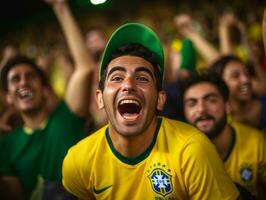 brasileño hombre celebra su fútbol equipos victoria ai generativo foto