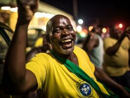 Brazilian man celebrates his soccer teams victory AI Generative photo