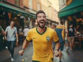 brasileño hombre celebra su fútbol equipos victoria ai generativo foto