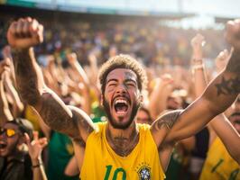 brasileño hombre celebra su fútbol equipos victoria ai generativo foto