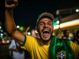 brasileño hombre celebra su fútbol equipos victoria ai generativo foto