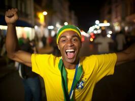 Brazilian man celebrates his soccer teams victory AI Generative photo