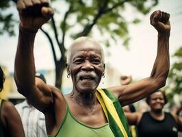 Brazilian man celebrates his soccer teams victory AI Generative photo