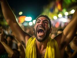 Brazilian man celebrates his soccer teams victory AI Generative photo