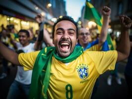 brasileño hombre celebra su fútbol equipos victoria ai generativo foto