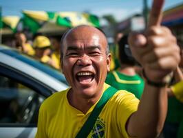 brasileño hombre celebra su fútbol equipos victoria ai generativo foto