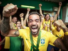 brasileño hombre celebra su fútbol equipos victoria ai generativo foto