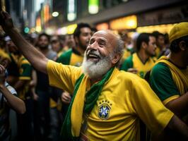 brasileño hombre celebra su fútbol equipos victoria ai generativo foto