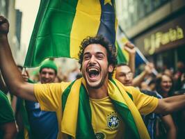 Brazilian man celebrates his soccer teams victory AI Generative photo