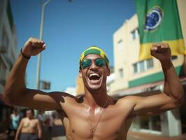 Brazilian man celebrates his soccer teams victory AI Generative photo