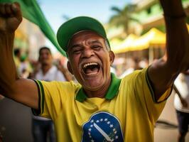 brasileño hombre celebra su fútbol equipos victoria ai generativo foto