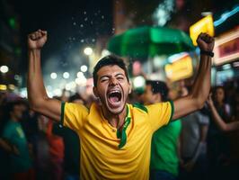 Brazilian man celebrates his soccer teams victory AI Generative photo