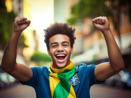 brasileño hombre celebra su fútbol equipos victoria ai generativo foto