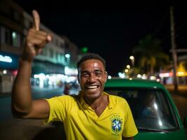 Brazilian man celebrates his soccer teams victory AI Generative photo