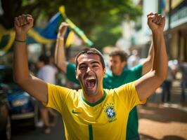 brasileño hombre celebra su fútbol equipos victoria ai generativo foto