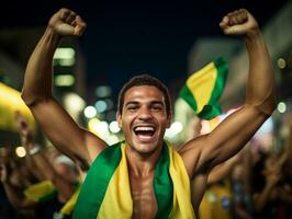 Brazilian man celebrates his soccer teams victory AI Generative photo