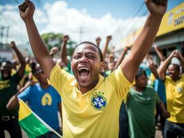 brasileño hombre celebra su fútbol equipos victoria ai generativo foto