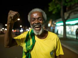 brasileño hombre celebra su fútbol equipos victoria ai generativo foto