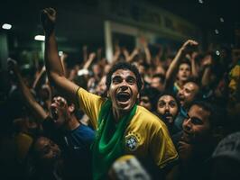 brasileño hombre celebra su fútbol equipos victoria ai generativo foto