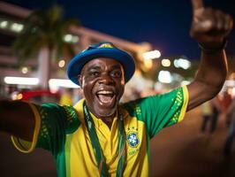 brasileño hombre celebra su fútbol equipos victoria ai generativo foto