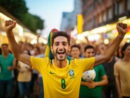 Brazilian man celebrates his soccer teams victory AI Generative photo