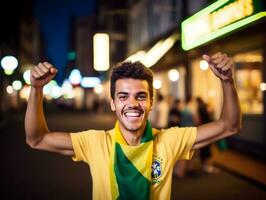 brasileño hombre celebra su fútbol equipos victoria ai generativo foto