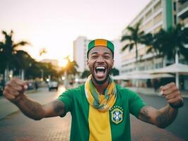 brasileño hombre celebra su fútbol equipos victoria ai generativo foto