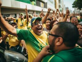 brasileño hombre celebra su fútbol equipos victoria ai generativo foto