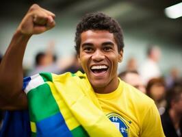 brasileño hombre celebra su fútbol equipos victoria ai generativo foto