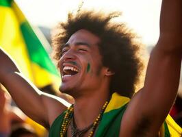 Brazilian man celebrates his soccer teams victory AI Generative photo