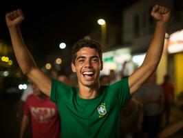 brasileño hombre celebra su fútbol equipos victoria ai generativo foto