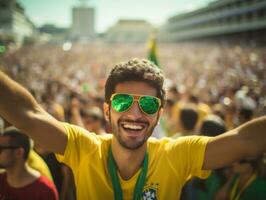 brasileño hombre celebra su fútbol equipos victoria ai generativo foto