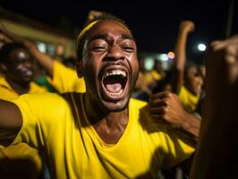 Brazilian man celebrates his soccer teams victory AI Generative photo