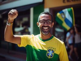 Brazilian man celebrates his soccer teams victory AI Generative photo