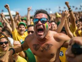 brasileño hombre celebra su fútbol equipos victoria ai generativo foto