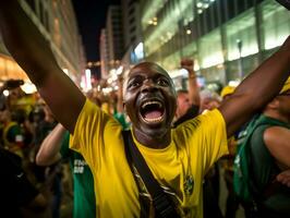 Brazilian man celebrates his soccer teams victory AI Generative photo