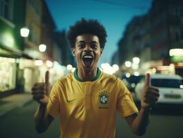 brasileño hombre celebra su fútbol equipos victoria ai generativo foto