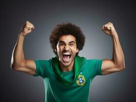 brasileño hombre celebra su fútbol equipos victoria ai generativo foto