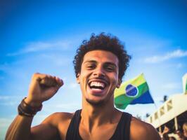 brasileño hombre celebra su fútbol equipos victoria ai generativo foto