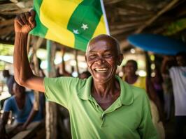 Brazilian man celebrates his soccer teams victory AI Generative photo