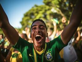 brasileño hombre celebra su fútbol equipos victoria ai generativo foto