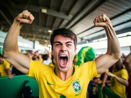 brasileño hombre celebra su fútbol equipos victoria ai generativo foto