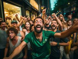 brasileño hombre celebra su fútbol equipos victoria ai generativo foto