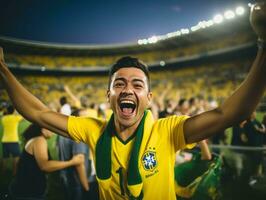 brasileño hombre celebra su fútbol equipos victoria ai generativo foto