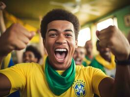 brasileño hombre celebra su fútbol equipos victoria ai generativo foto