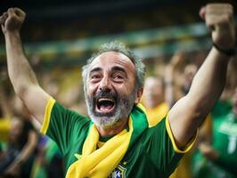 brasileño hombre celebra su fútbol equipos victoria ai generativo foto